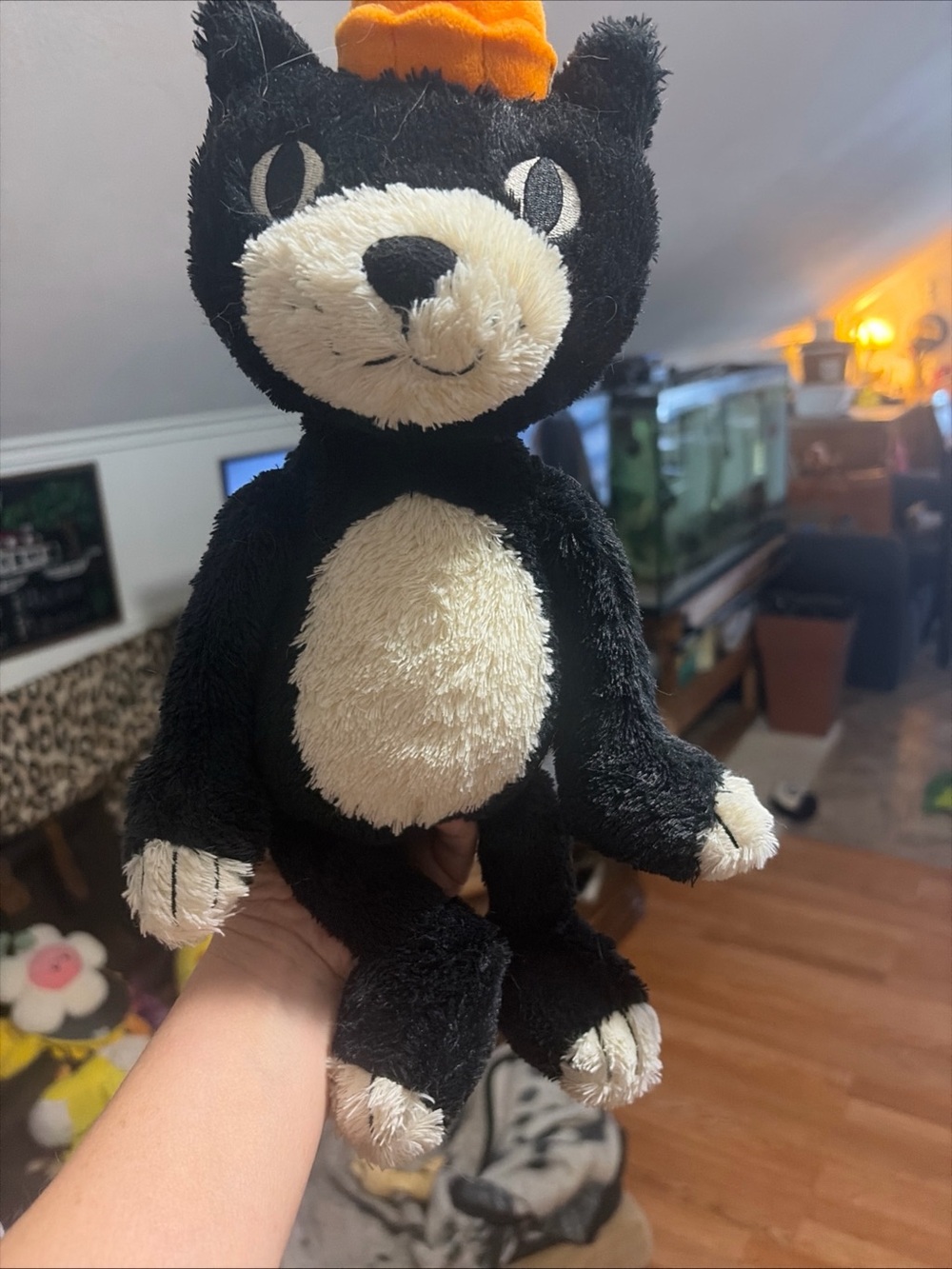 Jellycat Jack Black and Cream Plush Cat Toy with Orange Hat